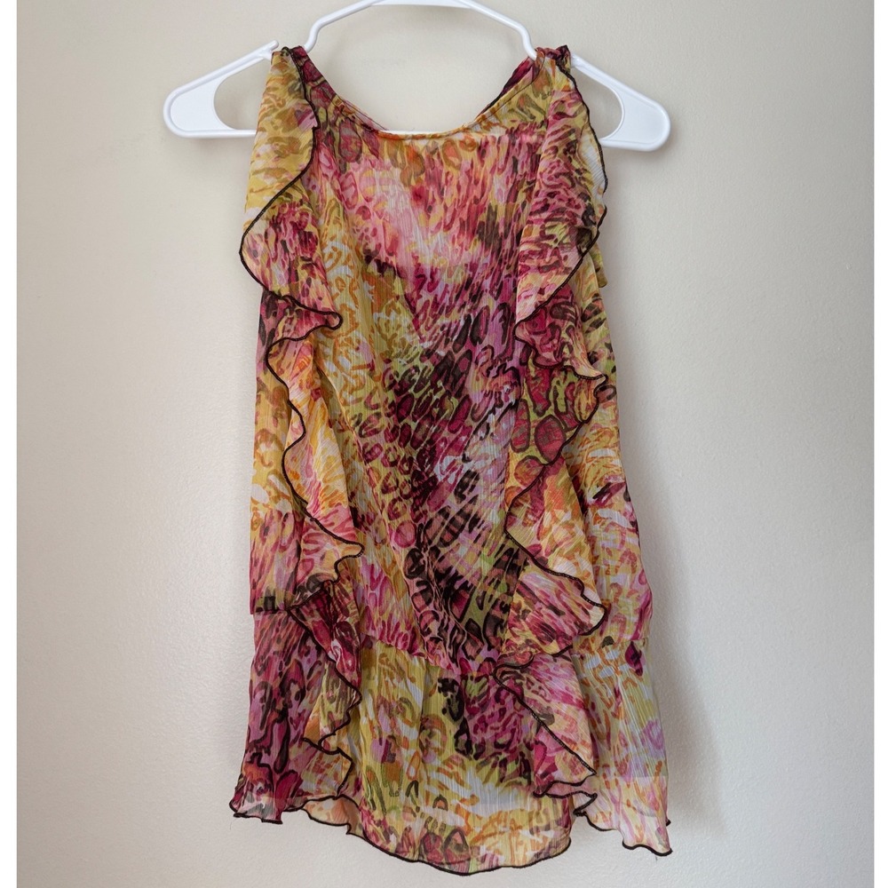 IZ Byer California Ruffle Animal Print Blouse Pink Yellow Sleeveless Small
